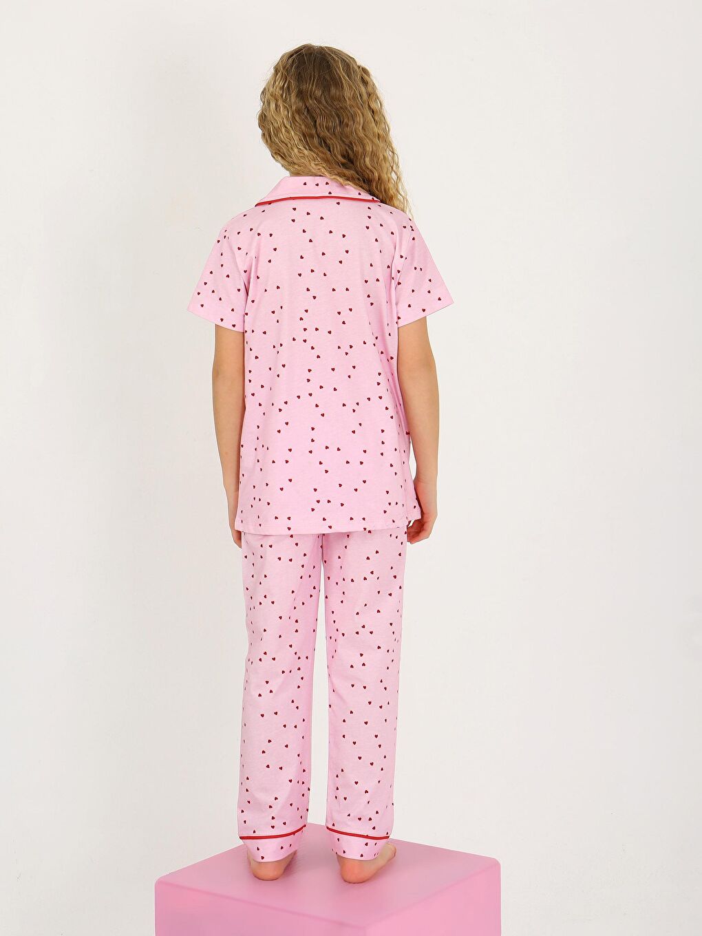 Pembe Kız Çocuk Kısa Kollu Düğmeli %100 Pamuklu Pijama Takımı Sera-1