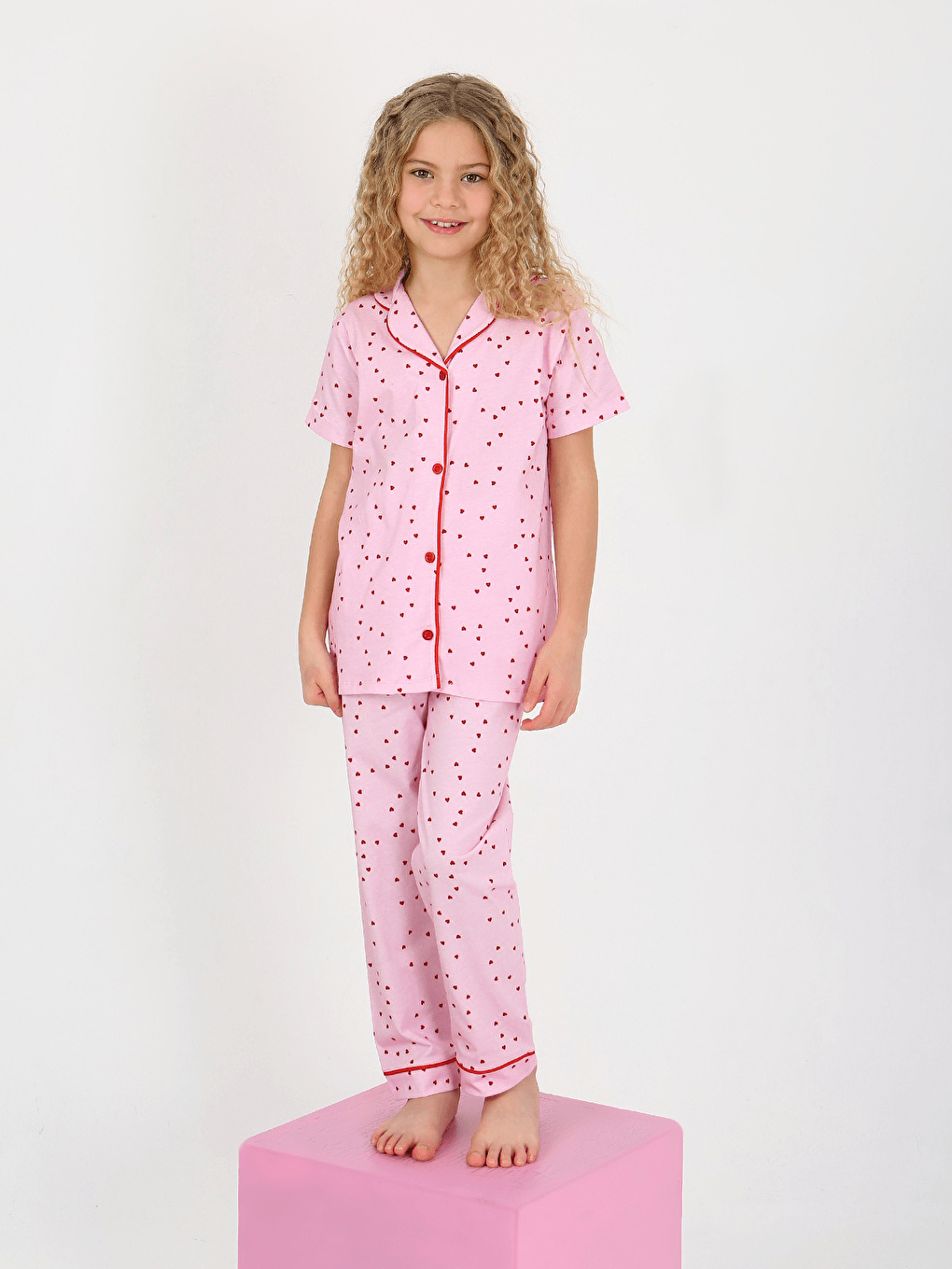 Pembe Kız Çocuk Kısa Kollu Düğmeli %100 Pamuklu Pijama Takımı Sera-2