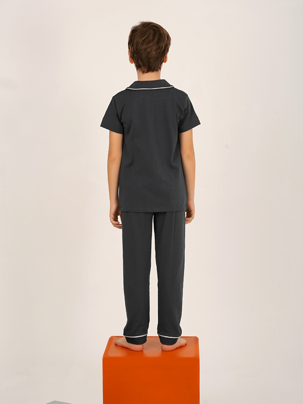 Antrasit Erkek Çocuk Kısa Kollu Düğmeli %100 Pamuklu Pijama Takımı The King-1