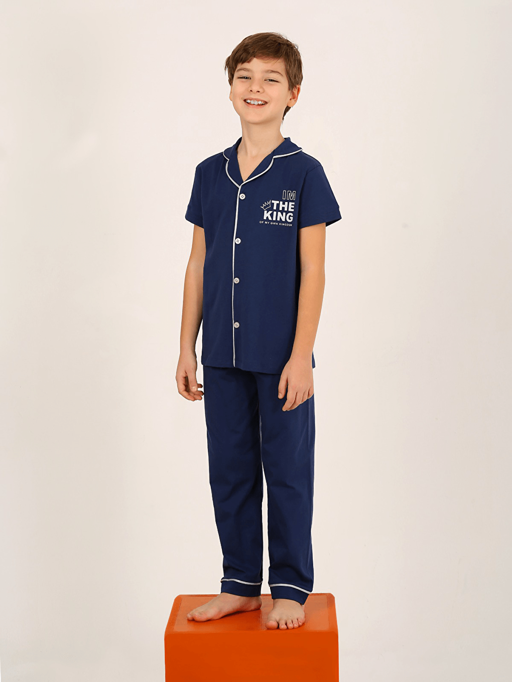 Lacivert Erkek Çocuk Kısa Kollu Düğmeli %100 Pamuklu Pijama Takımı The King