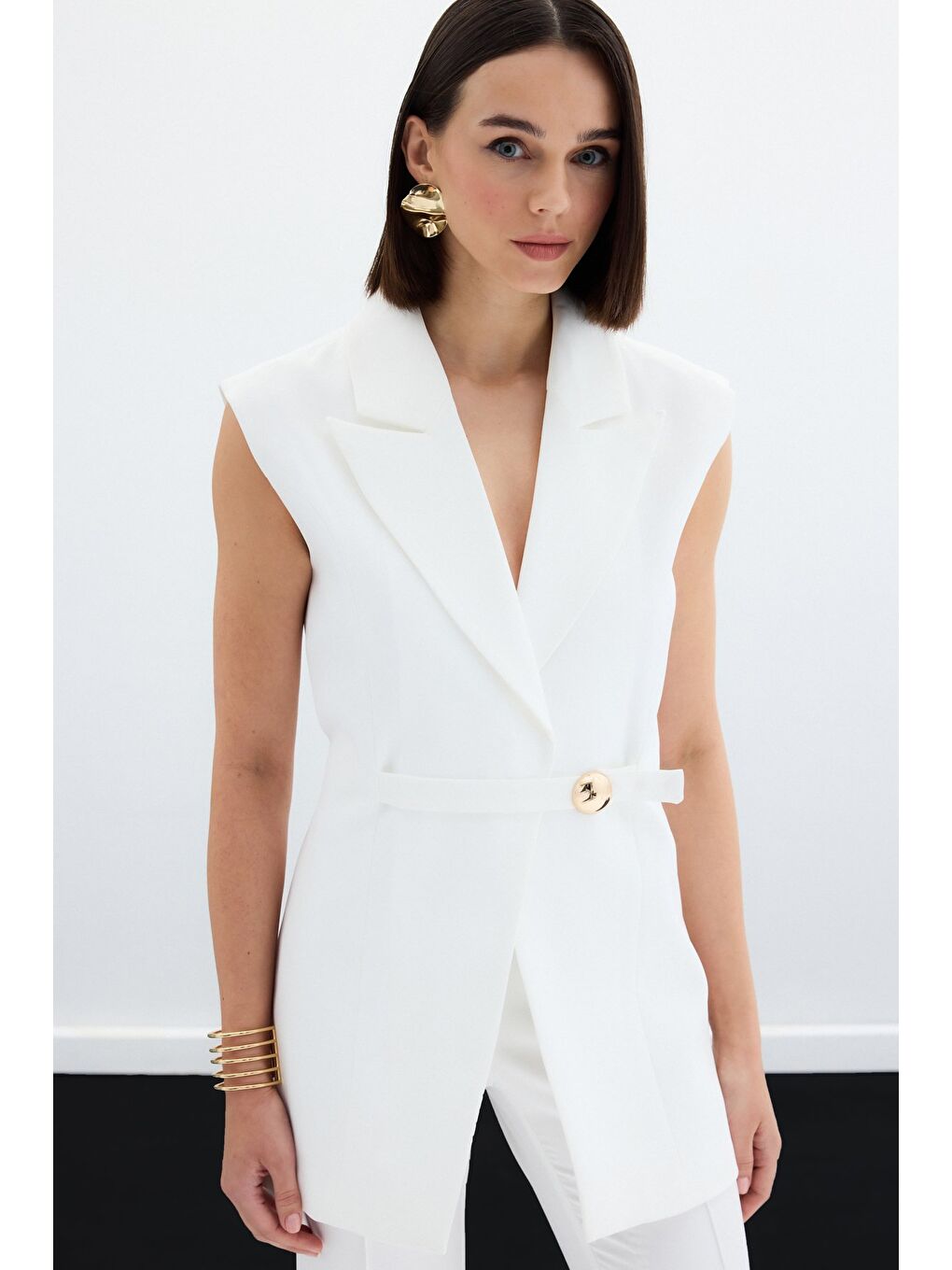 Toka Detaylı Uzun Yelek - Ekru