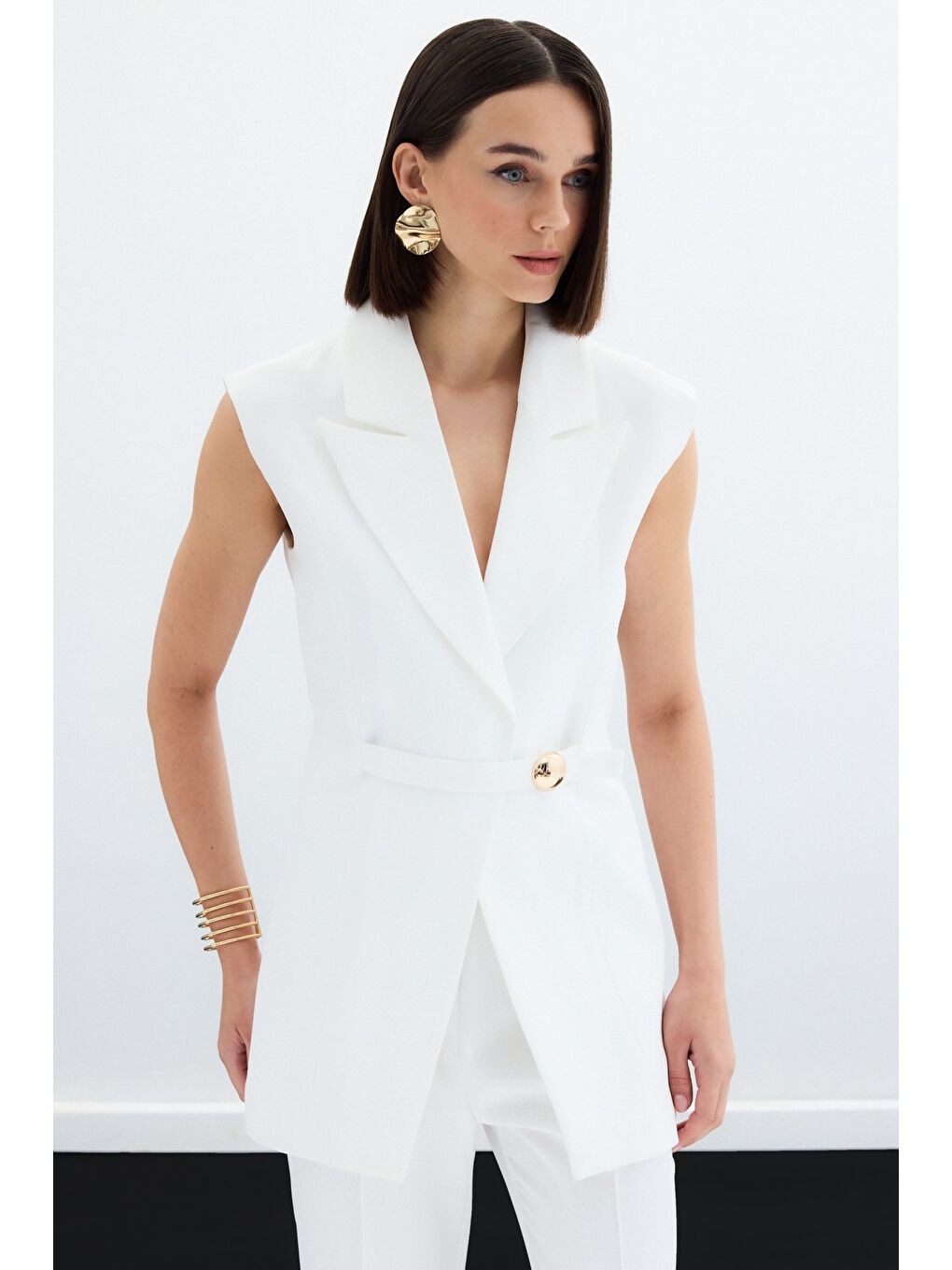 Toka Detaylı Uzun Yelek - Ekru-2