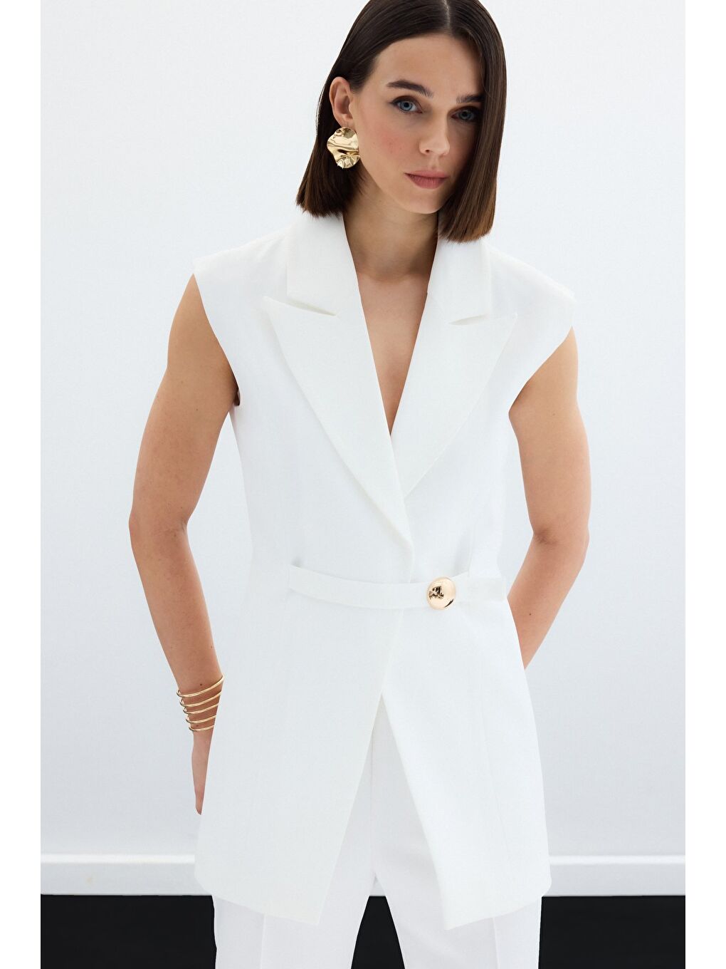 Toka Detaylı Uzun Yelek - Ekru-3