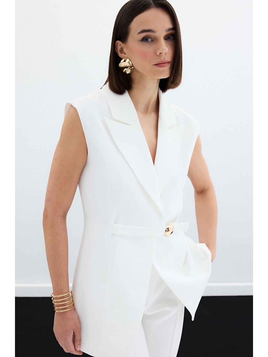 Toka Detaylı Uzun Yelek - Ekru-4