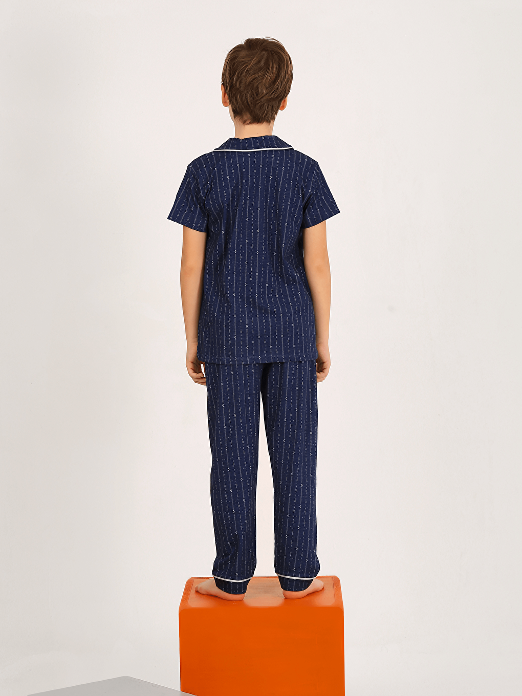 Lacivert Erkek Çocuk Kısa Kollu Düğmeli %100 Pamuklu Pijama Takımı Beta-1