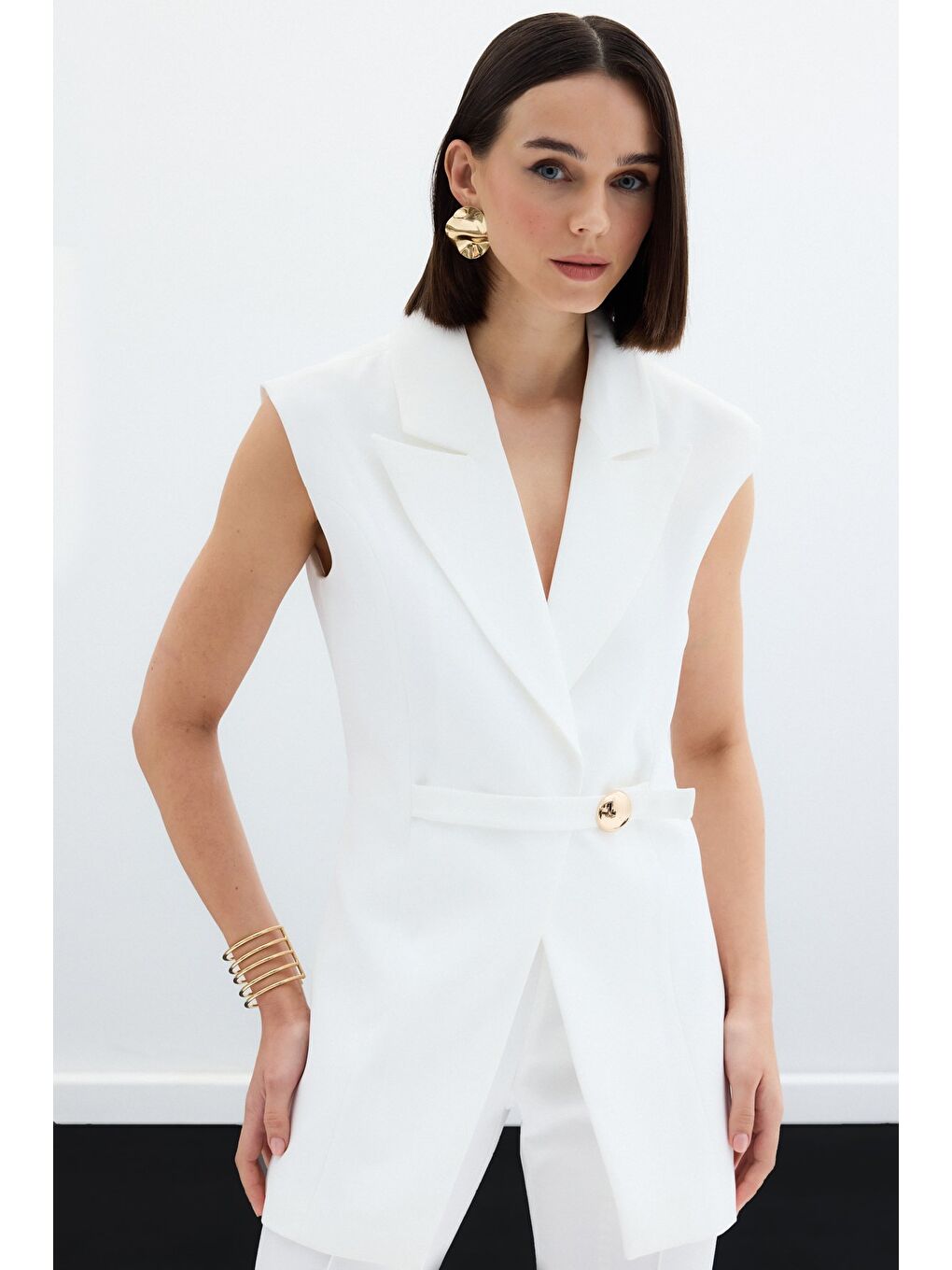 Toka Detaylı Uzun Yelek - Ekru-5