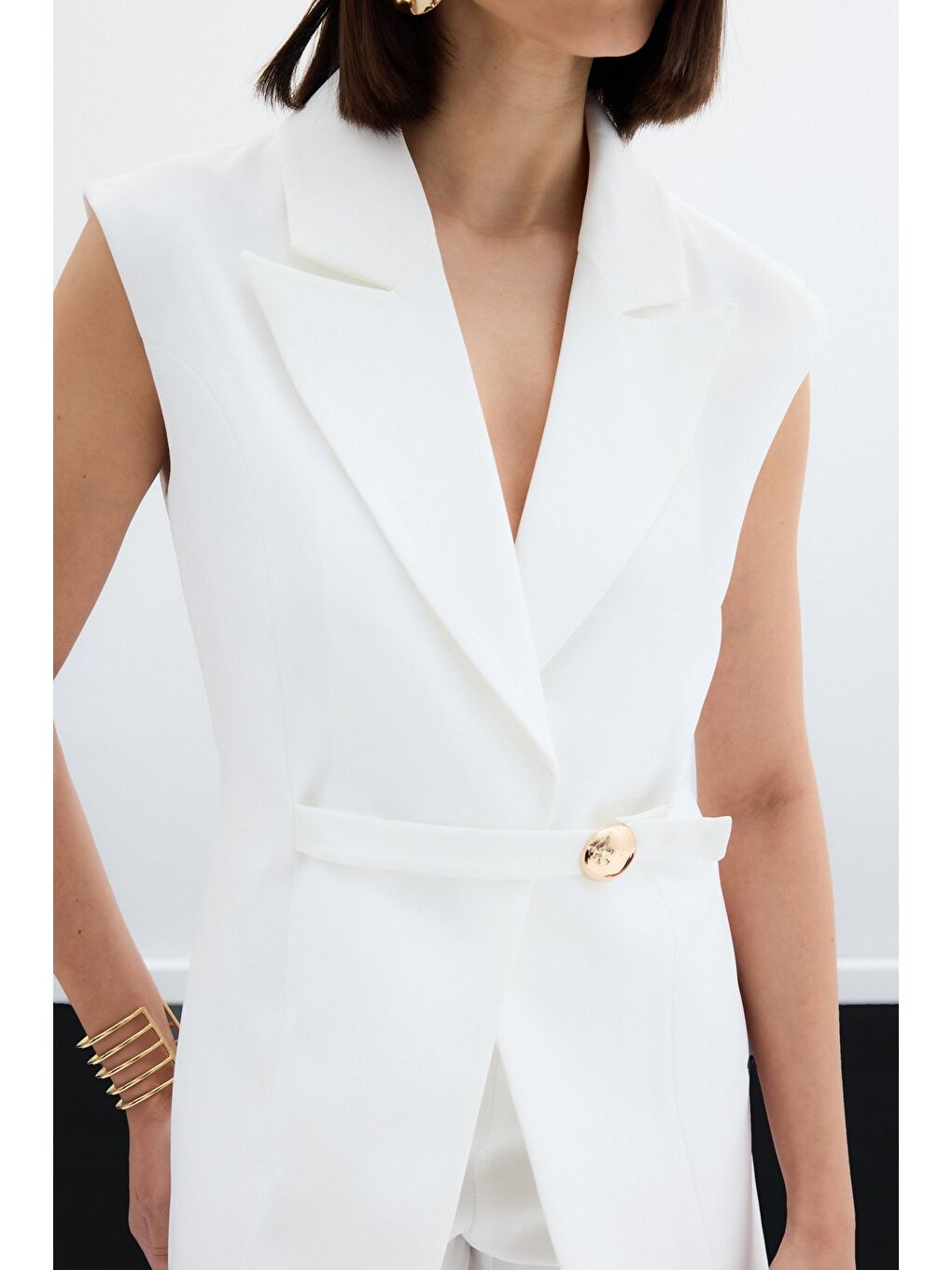 Toka Detaylı Uzun Yelek - Ekru-6