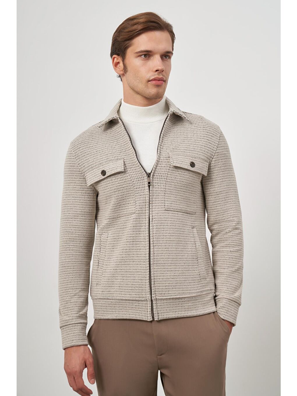 Bej Örme Bebe Yaka Kendinden Desenli Yırtmaçsız Astarsız Slim Fit Classic Mont 1007245158