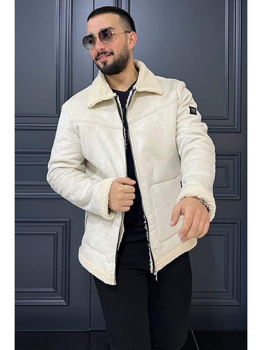 Bej Süet İçi Kürklü Erkek Mont-1