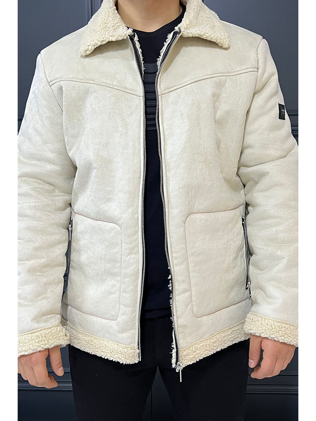 Bej Süet İçi Kürklü Erkek Mont-3