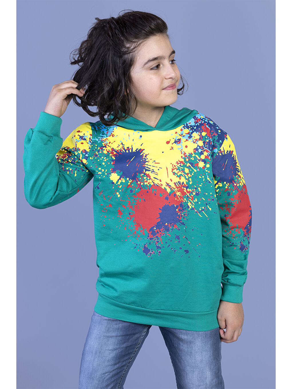 Toontoykids Yeşil Erkek Çocuk Kapüşonlu Renkli Püskürtme Baskılı Sweatshirt