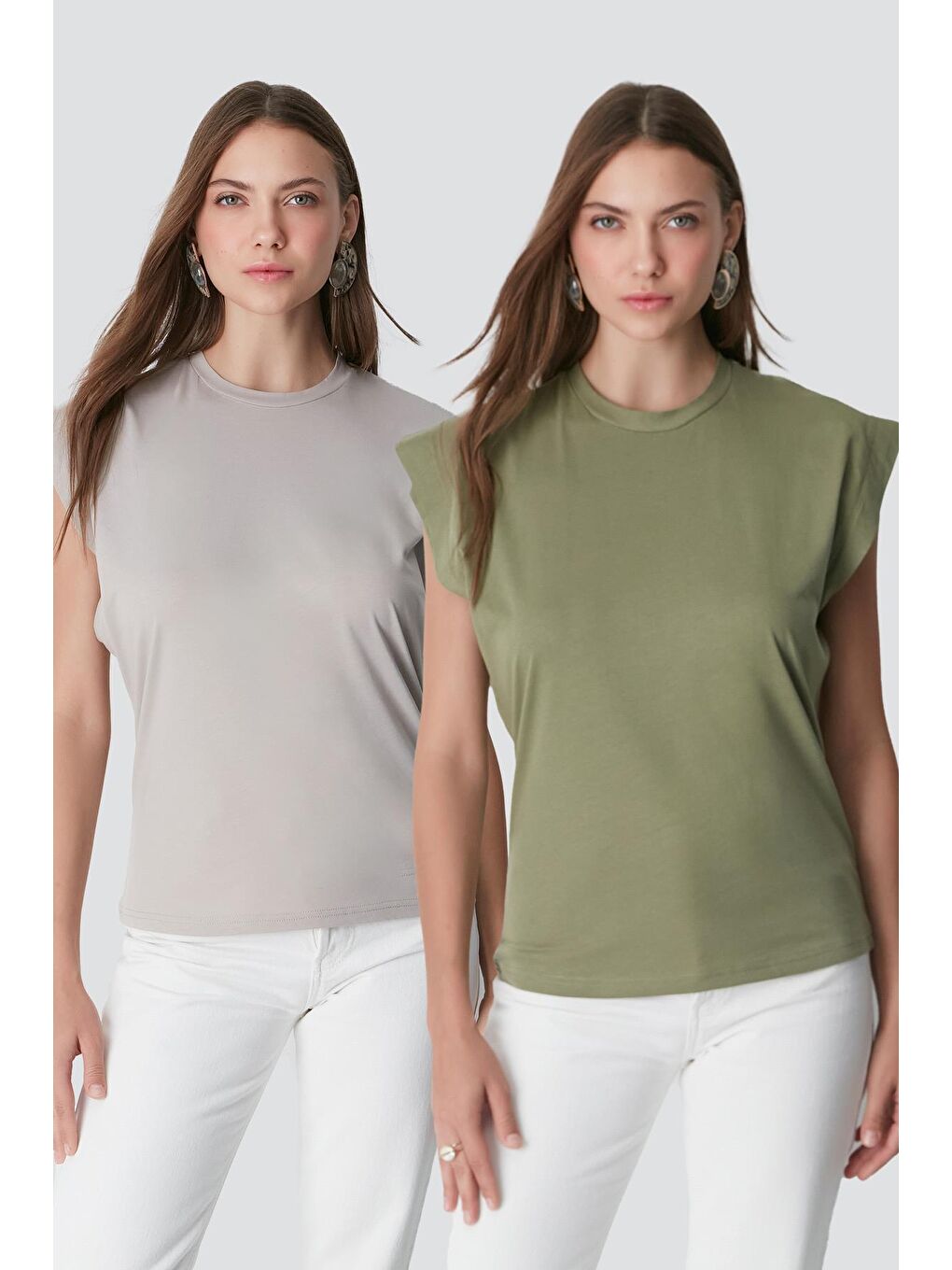 Bisiklet Yaka Kısa Kol 2'li Basic T-Shirt 958 Haki/Gri