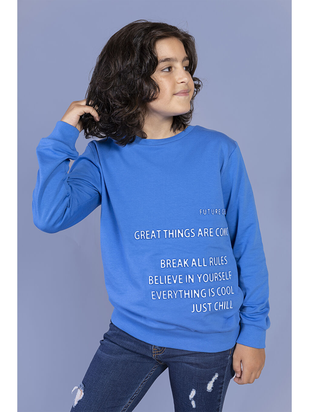 Toontoykids Mavi Erkek Çocuk Kabartma Baskılı Sweatshirt