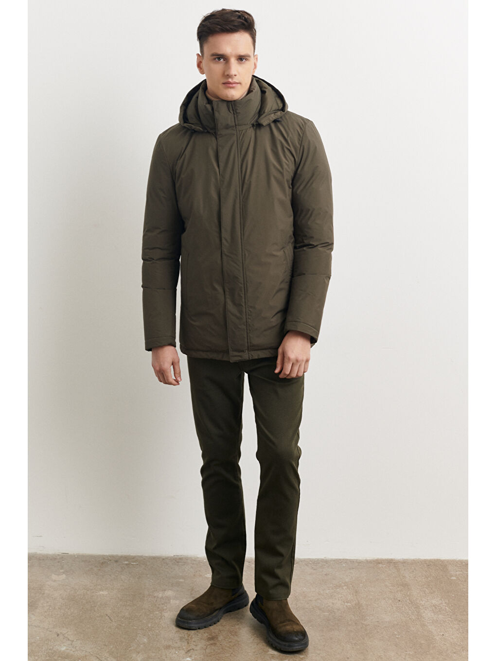 Erkek Haki Standart Fit Normal Kesim Yaka İçi Kürklü Kışlık Mont-1