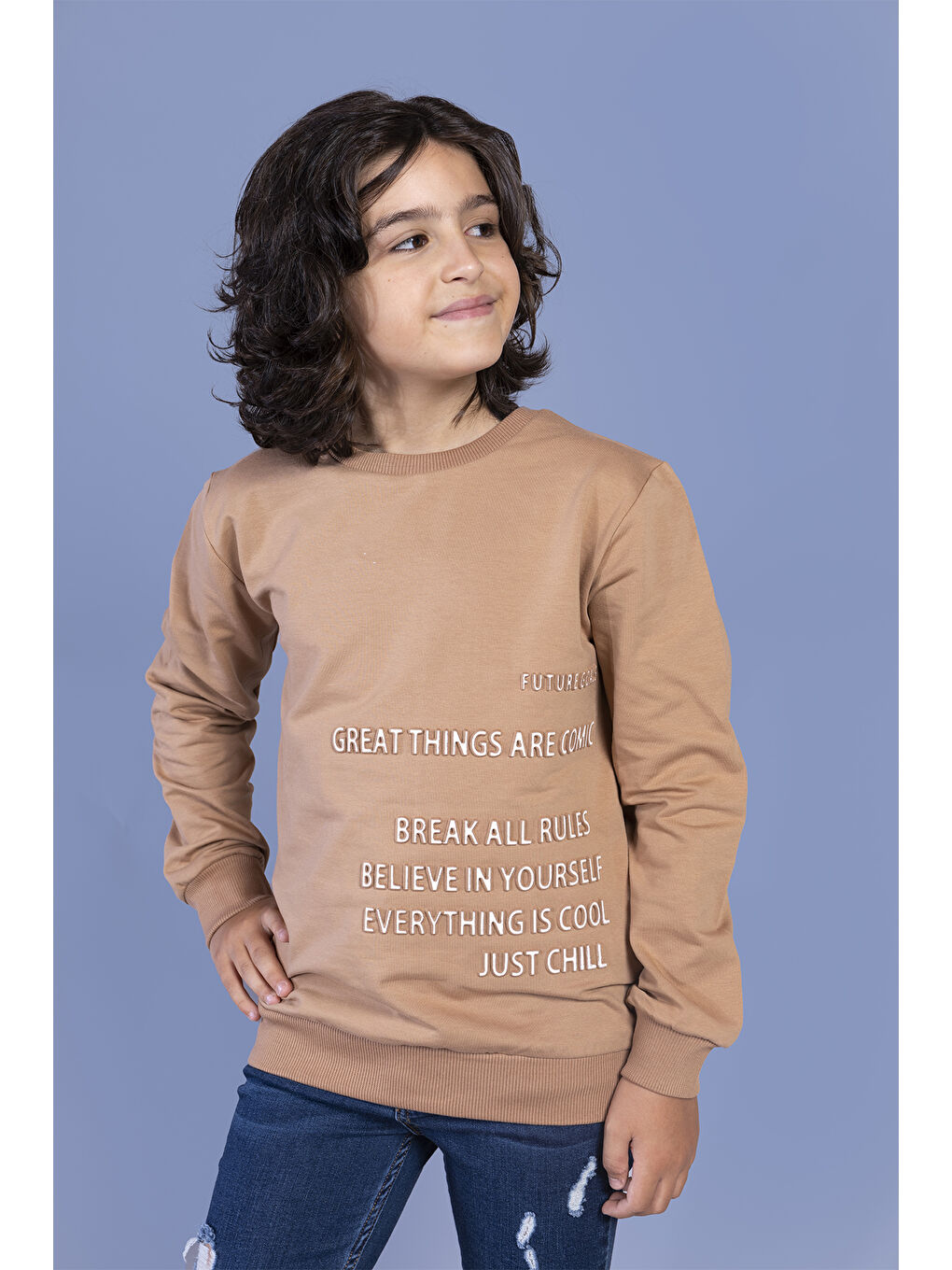 Toontoykids Kahverengi Erkek Çocuk Kabartma Baskılı Sweatshirt