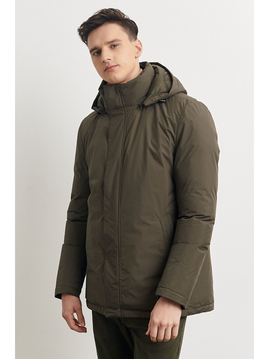 Erkek Haki Standart Fit Normal Kesim Yaka İçi Kürklü Kışlık Mont-7