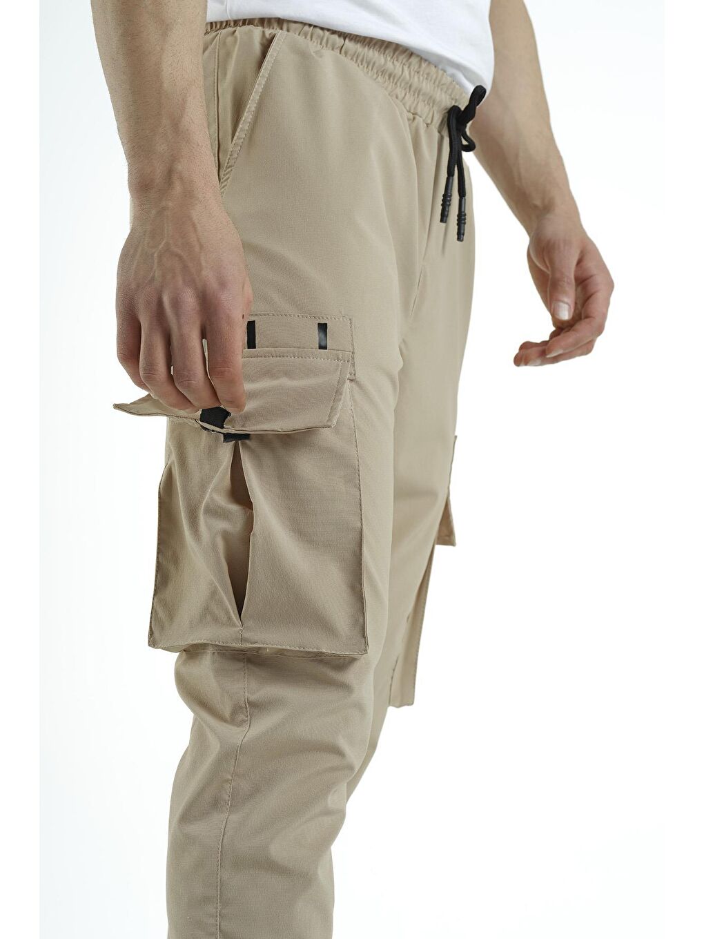 Bej Slim Fit Kort Paraşüt Kargo Cepli Erkek Eşofman Alt-3