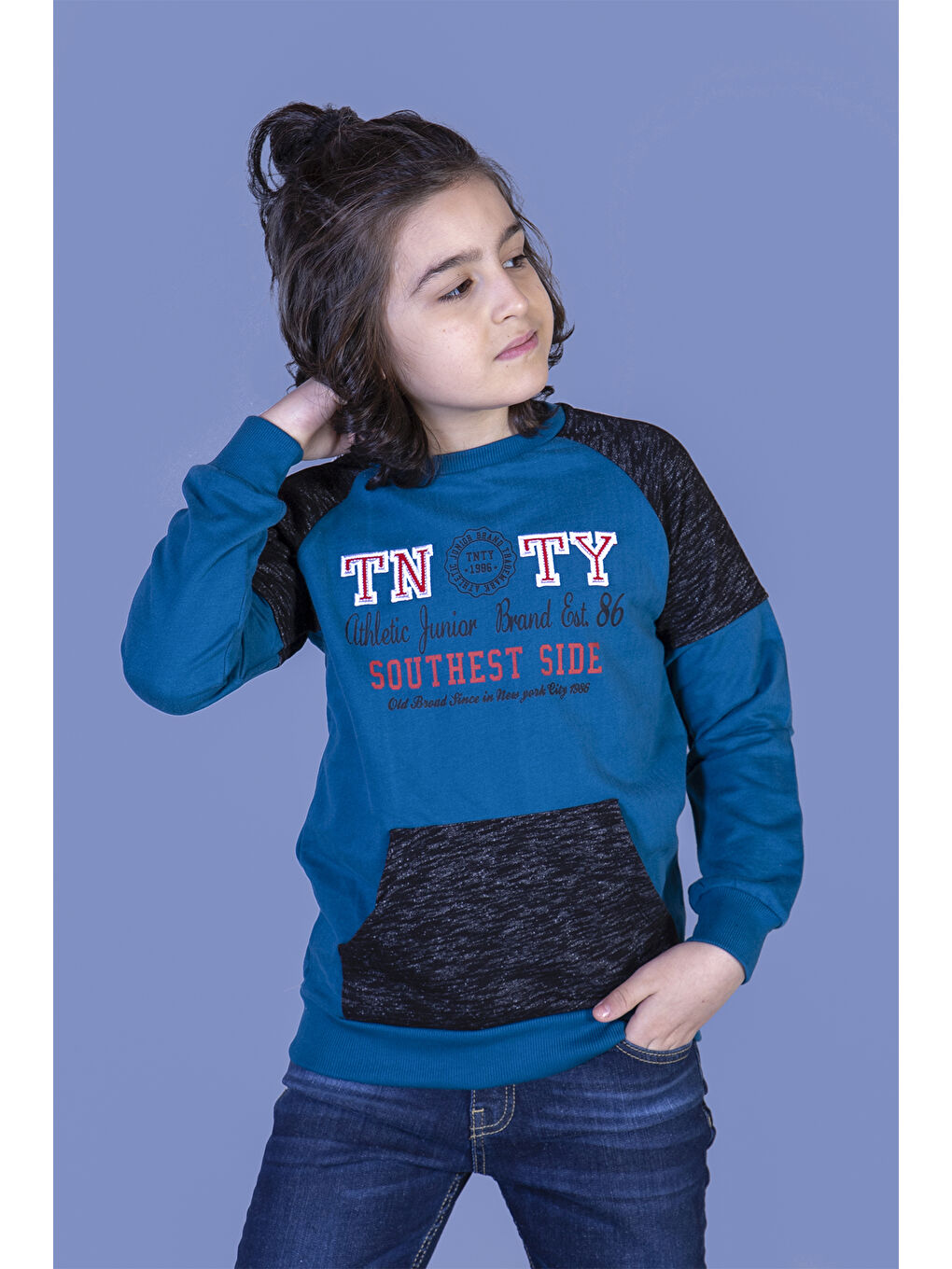 Toontoykids Petrol-Mavi Erkek Çocuk Garni Detaylı Nakışlı Sweatshirt