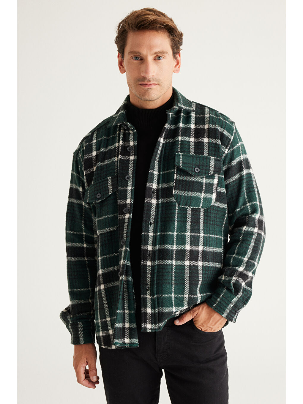 Erkek Haki-Siyah Oversize Fit Geniş Kesim Düğmeli Yaka Ekose Gömlek Ceket