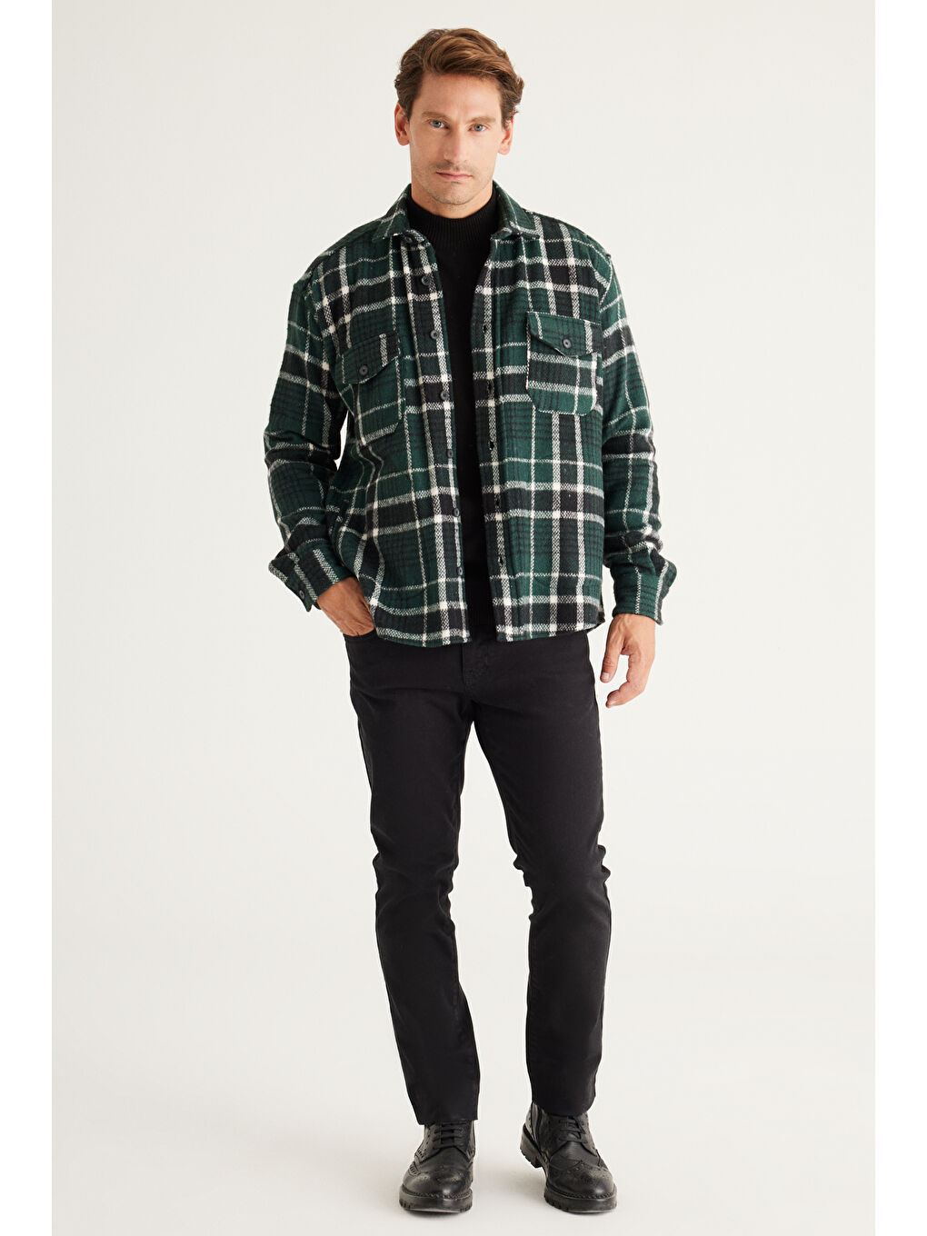 Erkek Haki-Siyah Oversize Fit Geniş Kesim Düğmeli Yaka Ekose Gömlek Ceket-1