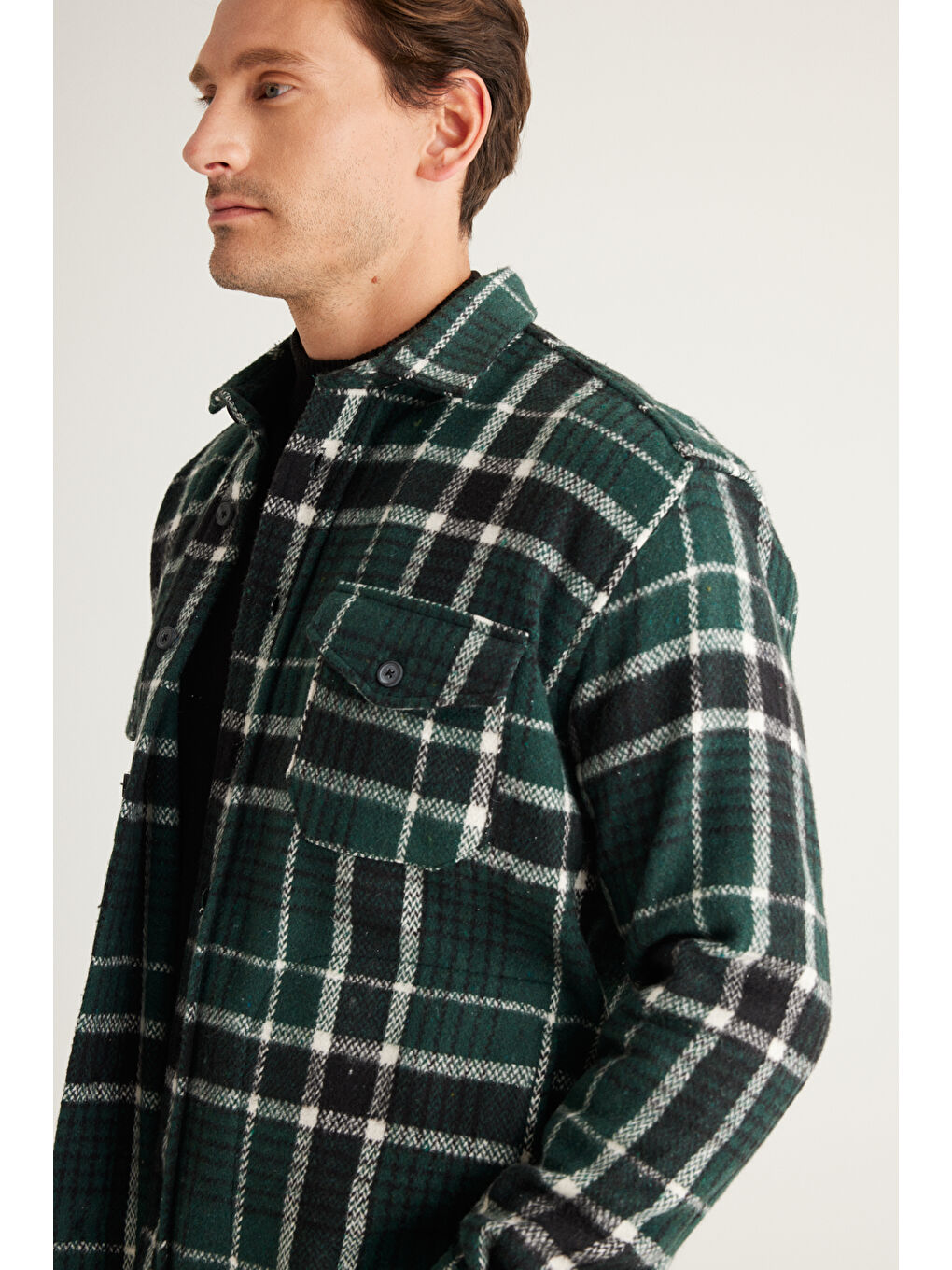 Erkek Haki-Siyah Oversize Fit Geniş Kesim Düğmeli Yaka Ekose Gömlek Ceket-2