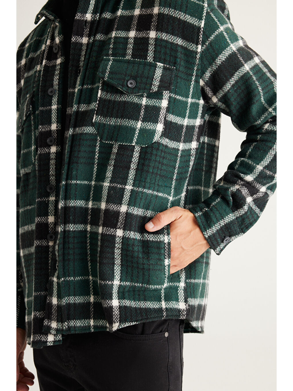 Erkek Haki-Siyah Oversize Fit Geniş Kesim Düğmeli Yaka Ekose Gömlek Ceket-3