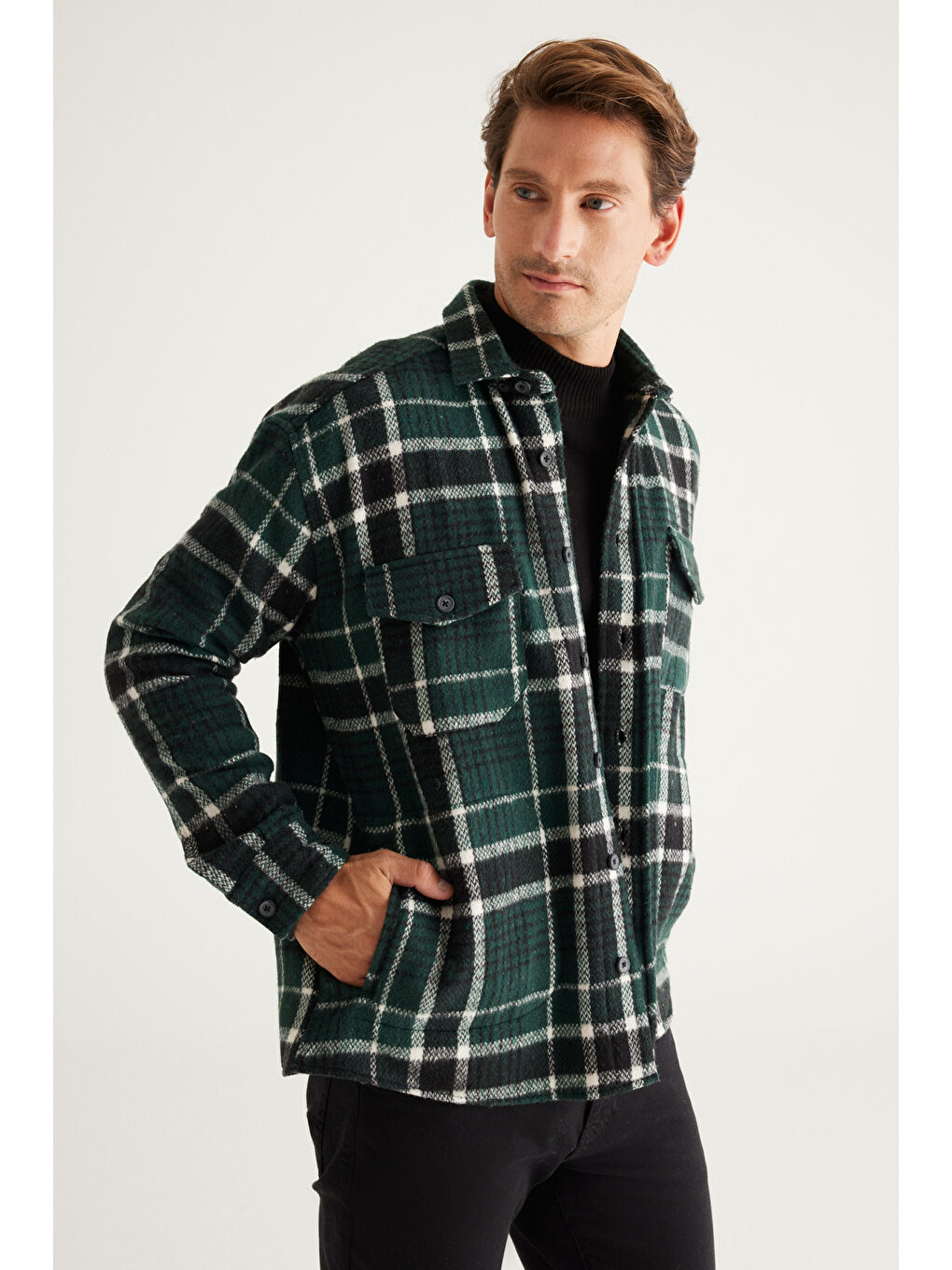 Erkek Haki-Siyah Oversize Fit Geniş Kesim Düğmeli Yaka Ekose Gömlek Ceket-4