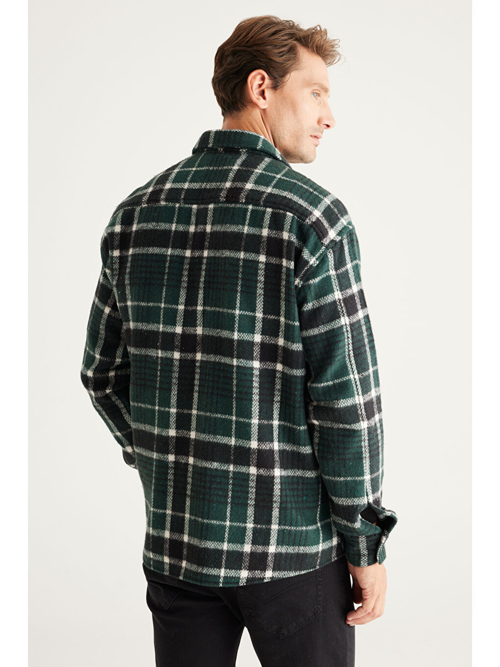 Erkek Haki-Siyah Oversize Fit Geniş Kesim Düğmeli Yaka Ekose Gömlek Ceket-5