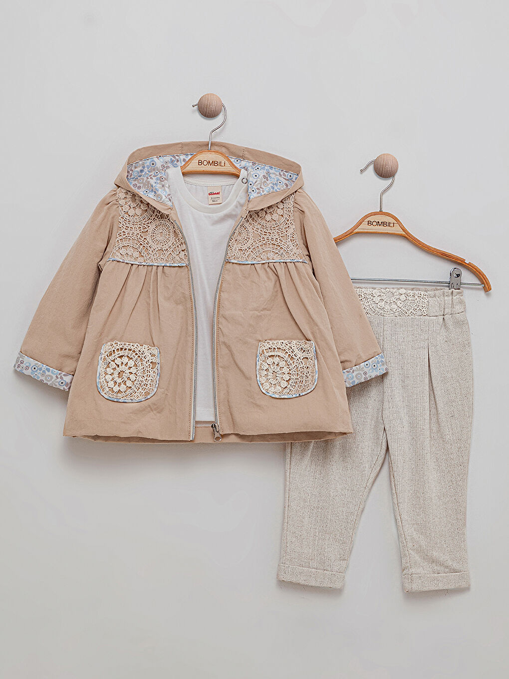 Kız Bebek 3'lü Kapüşonlu Takım 6-18 Ay Bej