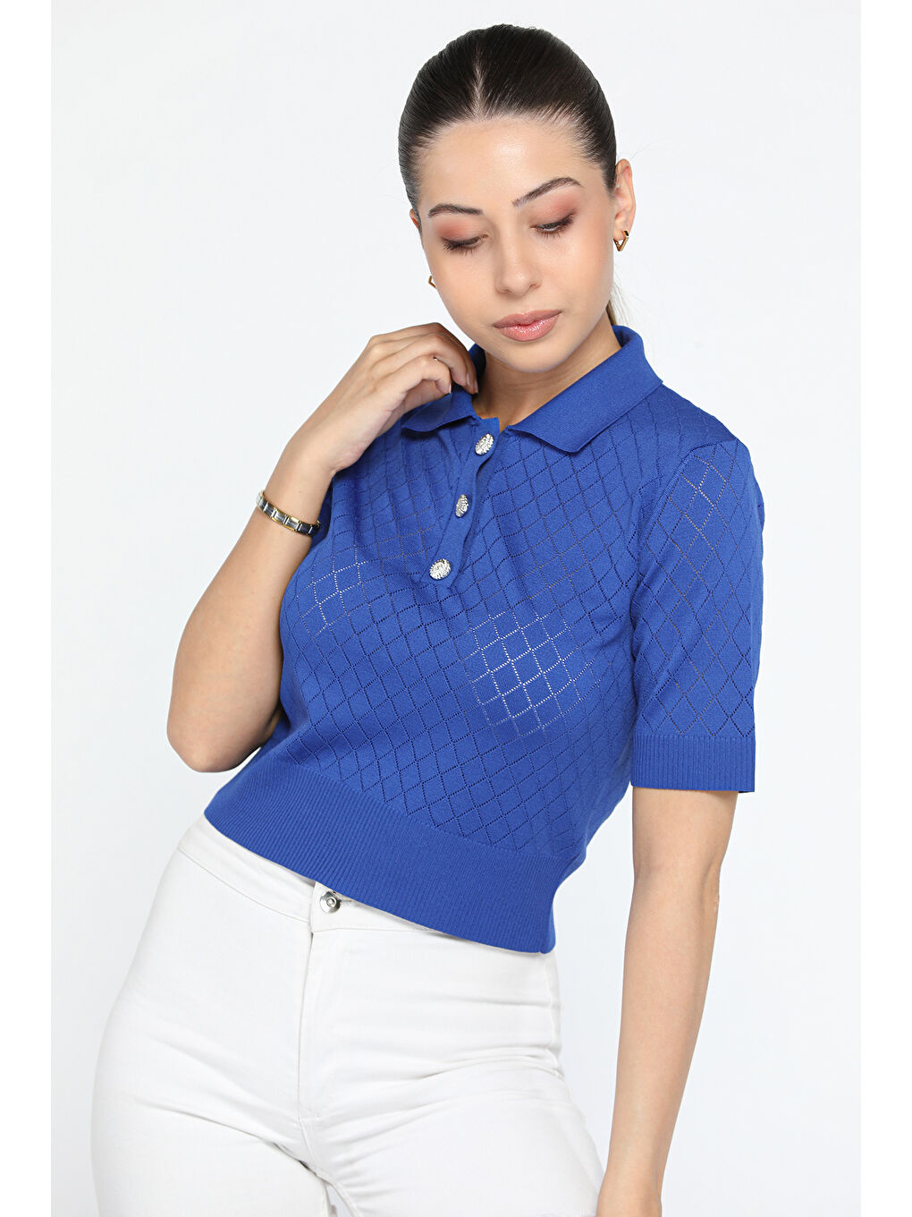 Mavi Polo Yaka Kendinden Desenli Ön Düğme Detaylı Kadın Elastanlı Triko Bluz-1