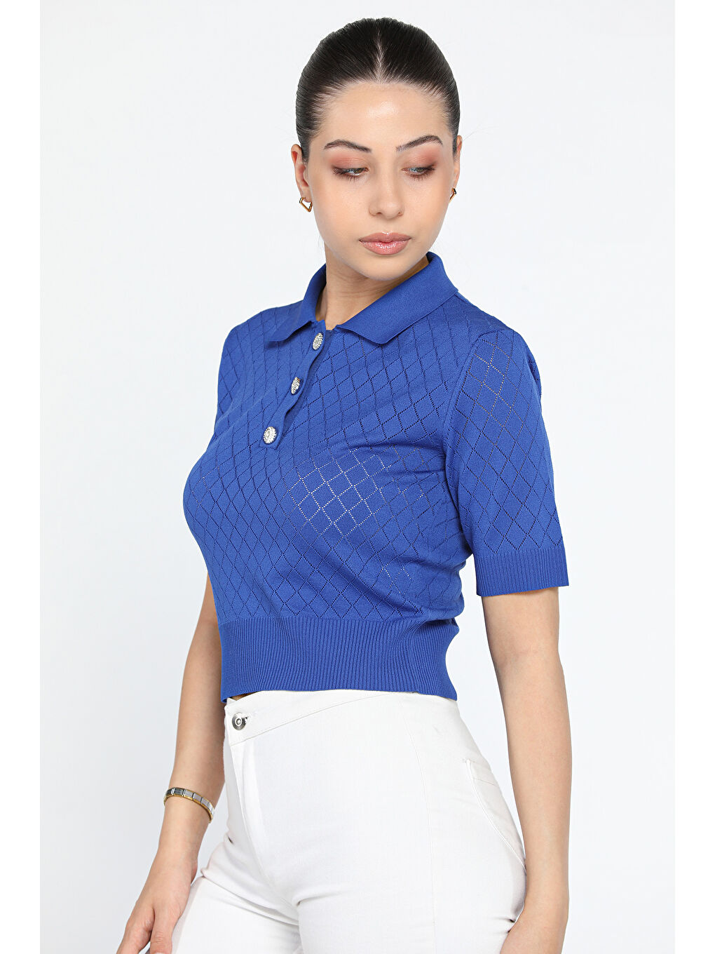 Mavi Polo Yaka Kendinden Desenli Ön Düğme Detaylı Kadın Elastanlı Triko Bluz-2