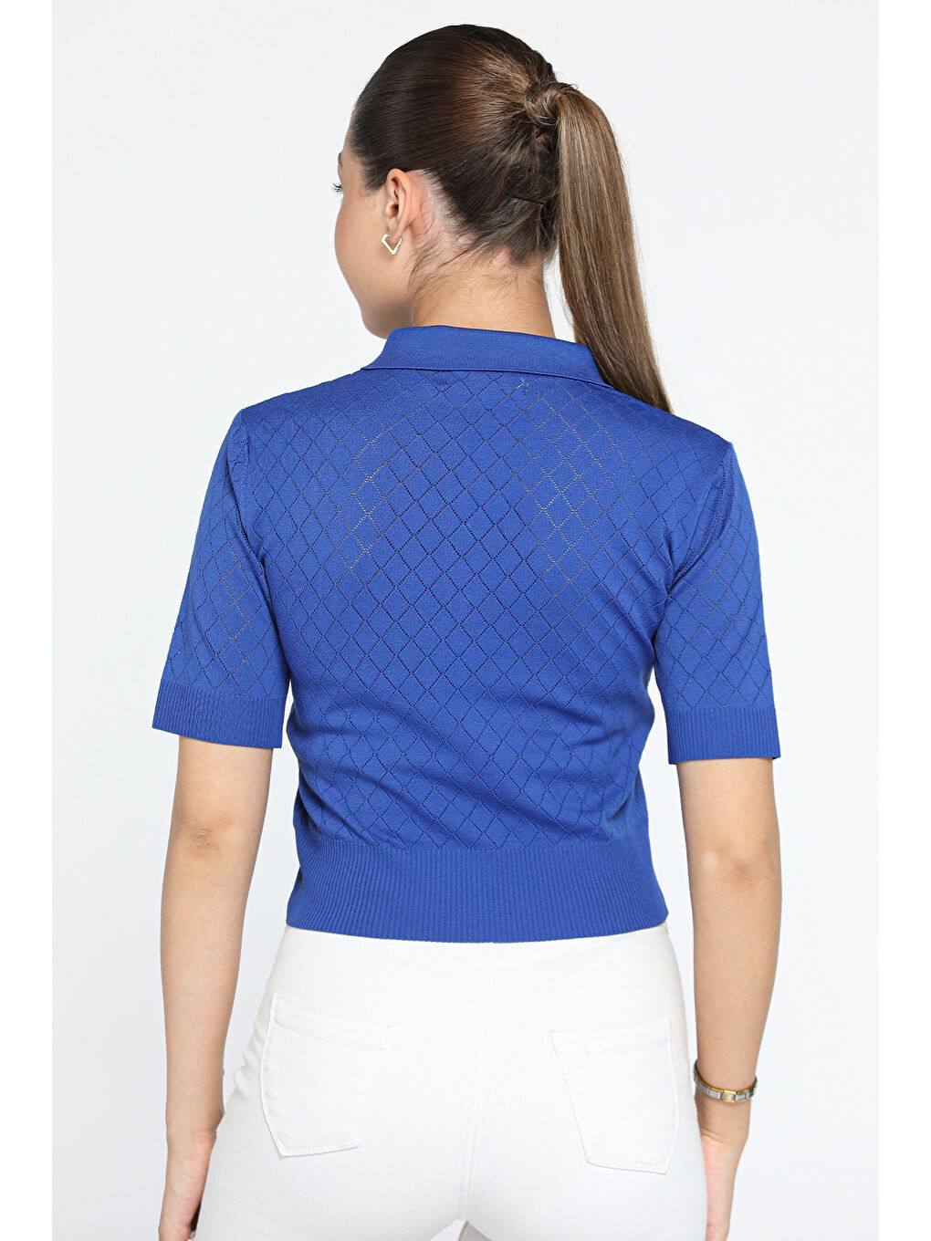 Mavi Polo Yaka Kendinden Desenli Ön Düğme Detaylı Kadın Elastanlı Triko Bluz-3