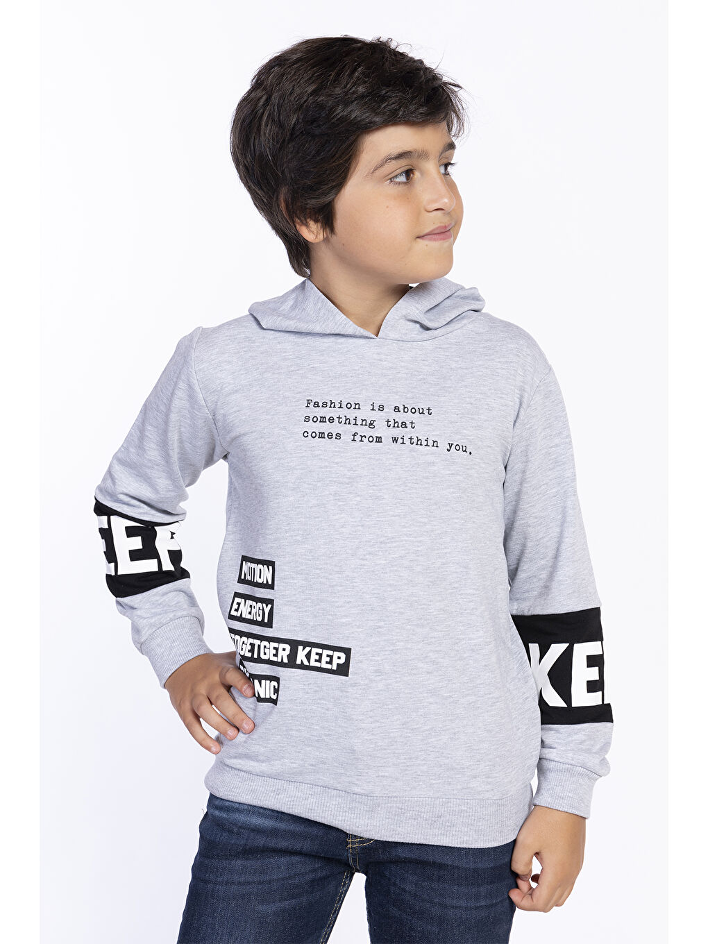 Toontoykids Gri Erkek Çocuk Kapüşonlu Kolları Garnili Sweatshirt