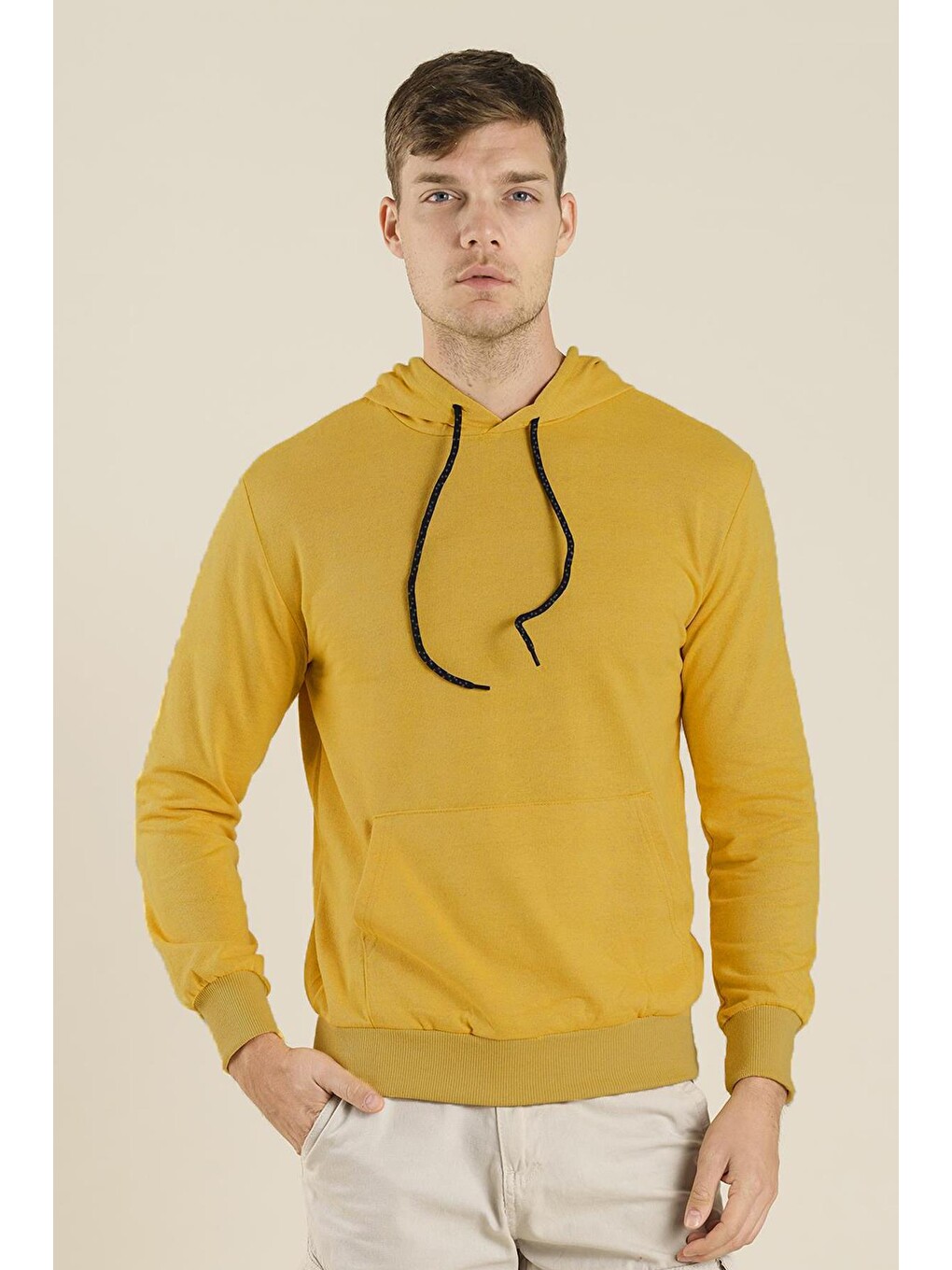 Sarı Düz Basic Pamuklu Unisex Kapüşonlu Sweatshirt