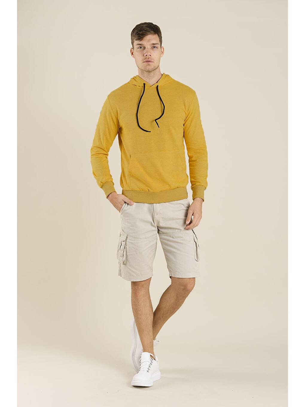 Sarı Düz Basic Pamuklu Unisex Kapüşonlu Sweatshirt-1