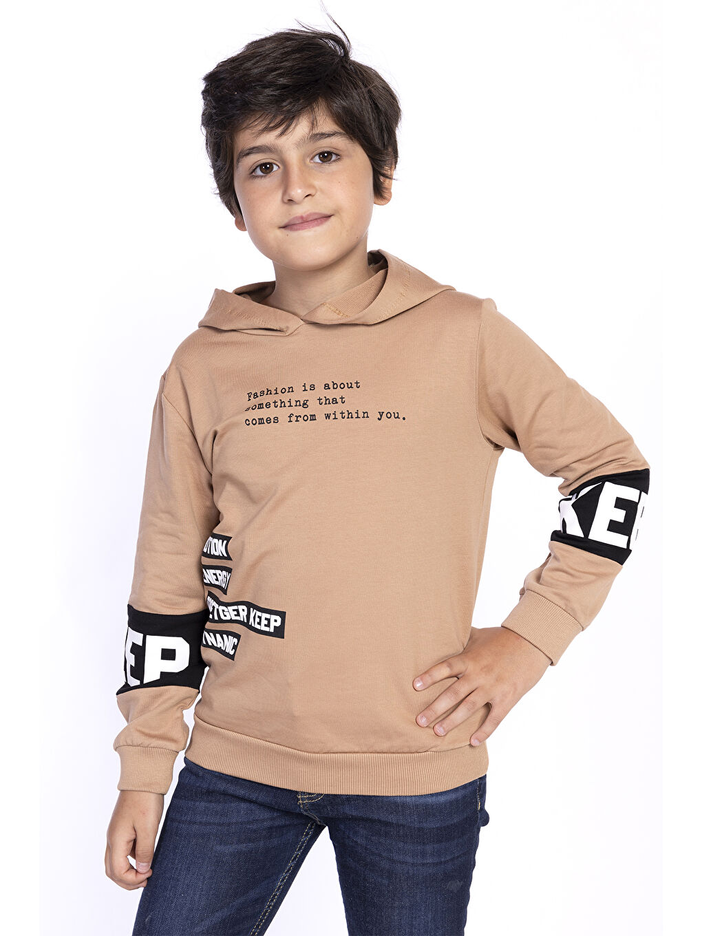 Toontoykids Kahverengi Erkek Çocuk Kapüşonlu Kolları Garnili Sweatshirt