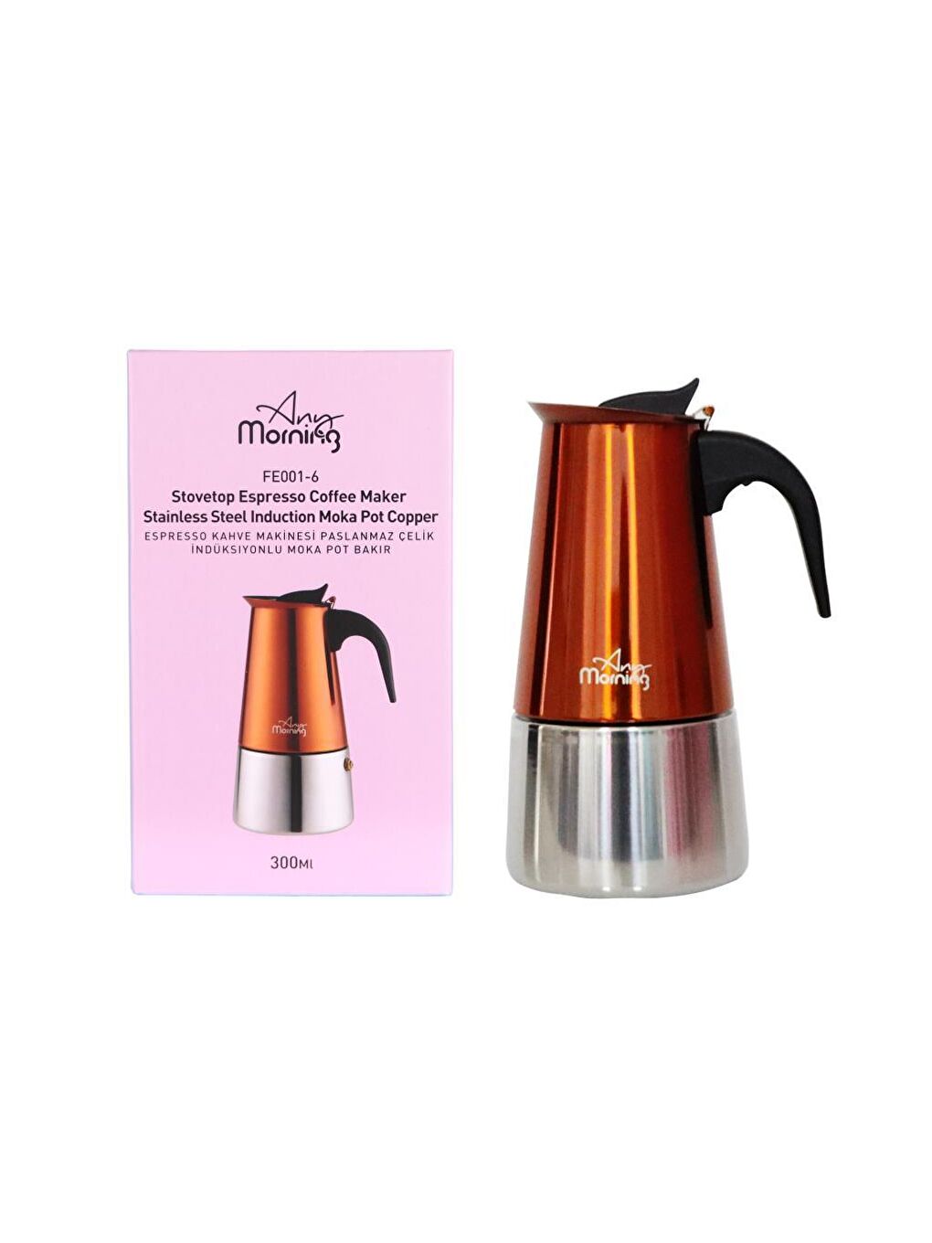 Any Morning Bakır FE001-6 Espresso Kahve Makinesi Paslanmaz Çelik İndüksiyonlu Moka Pot 300 Ml Bakır - 3