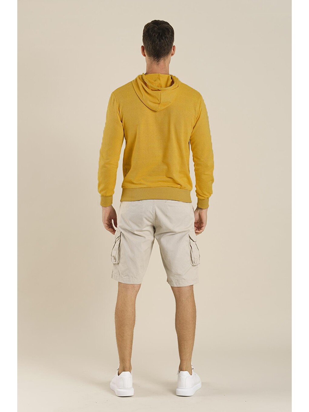 Sarı Düz Basic Pamuklu Unisex Kapüşonlu Sweatshirt-2