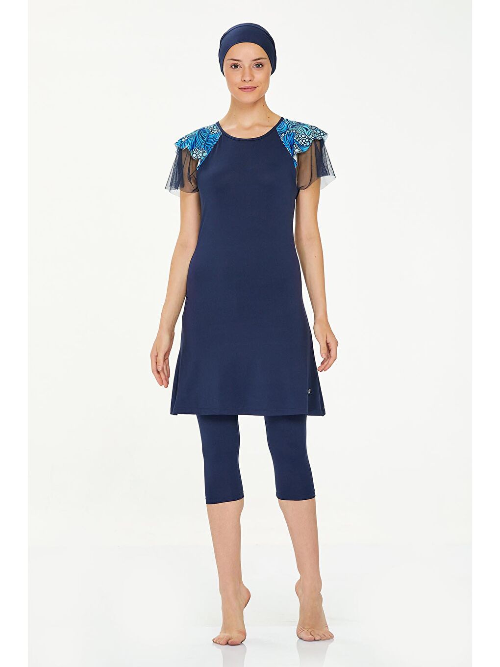 Kısa Kollu Yarı Kaplı Mayo Tül Detay Bely 8301 Koyu Lacivert-1