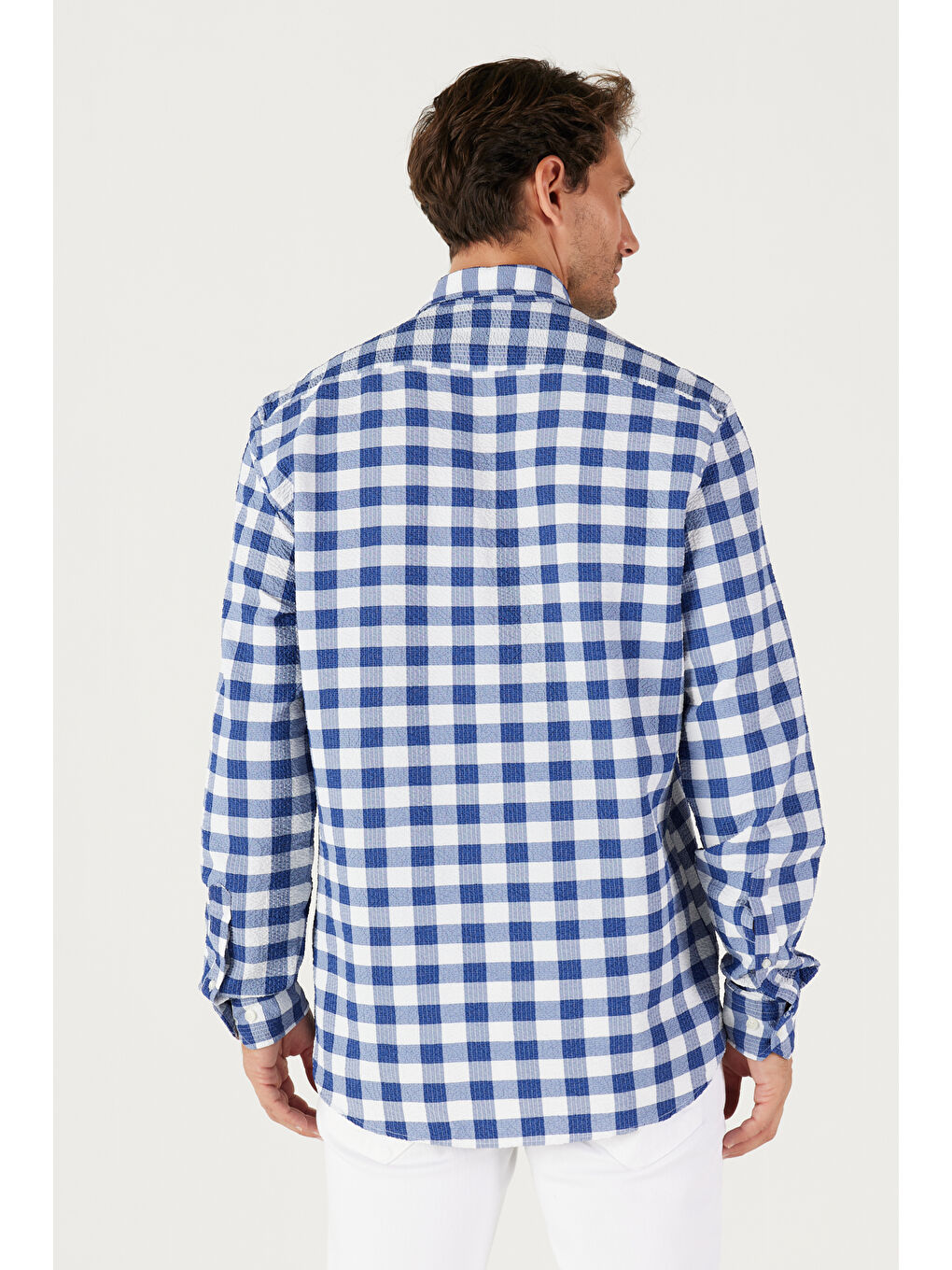 Erkek Beyaz-Lacivert Slim Fit Dar Kesim Düğmeli Yaka Gofre Desenli Gömlek-5