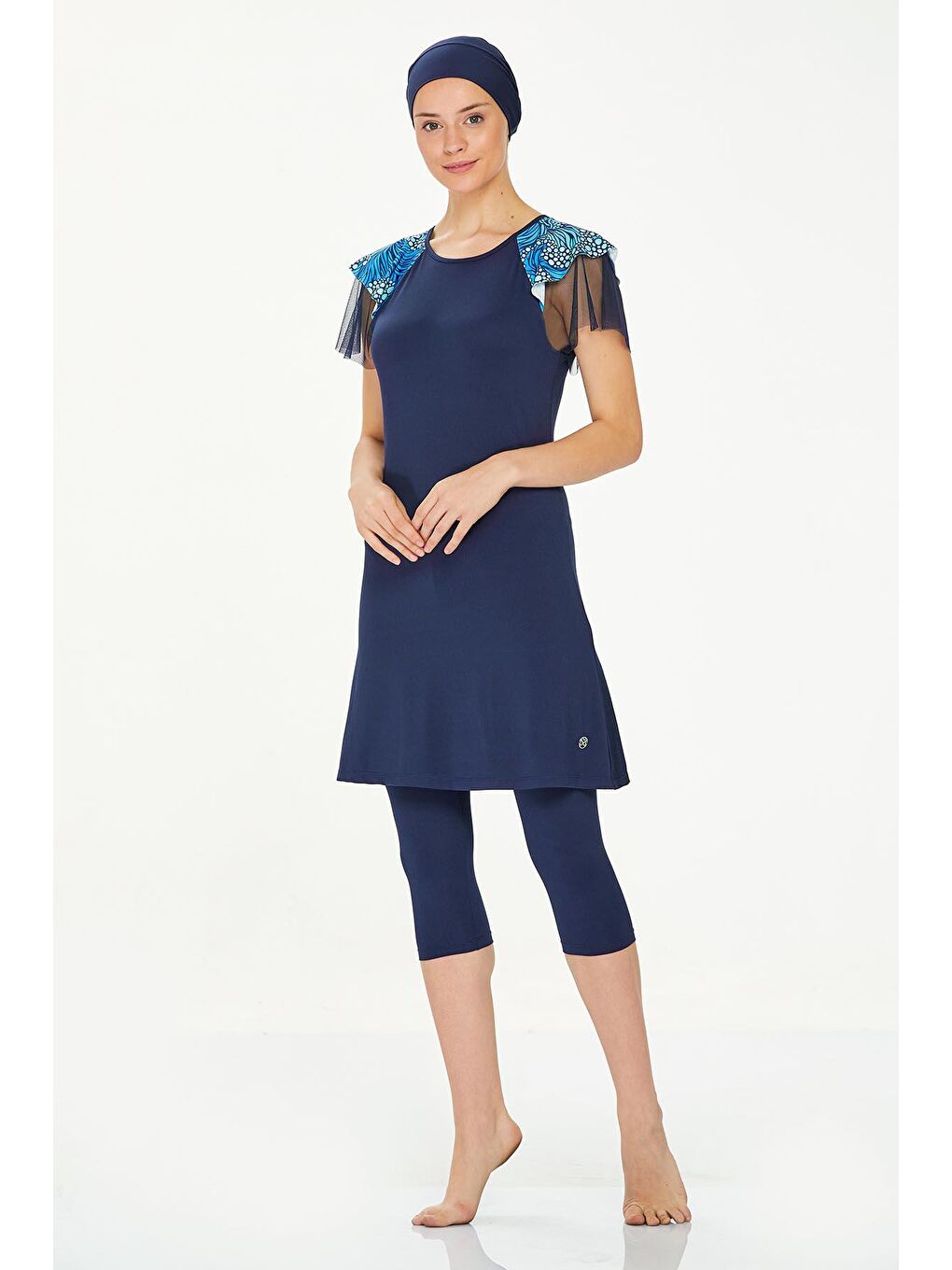 Kısa Kollu Yarı Kaplı Mayo Tül Detay Bely 8301 Koyu Lacivert-3