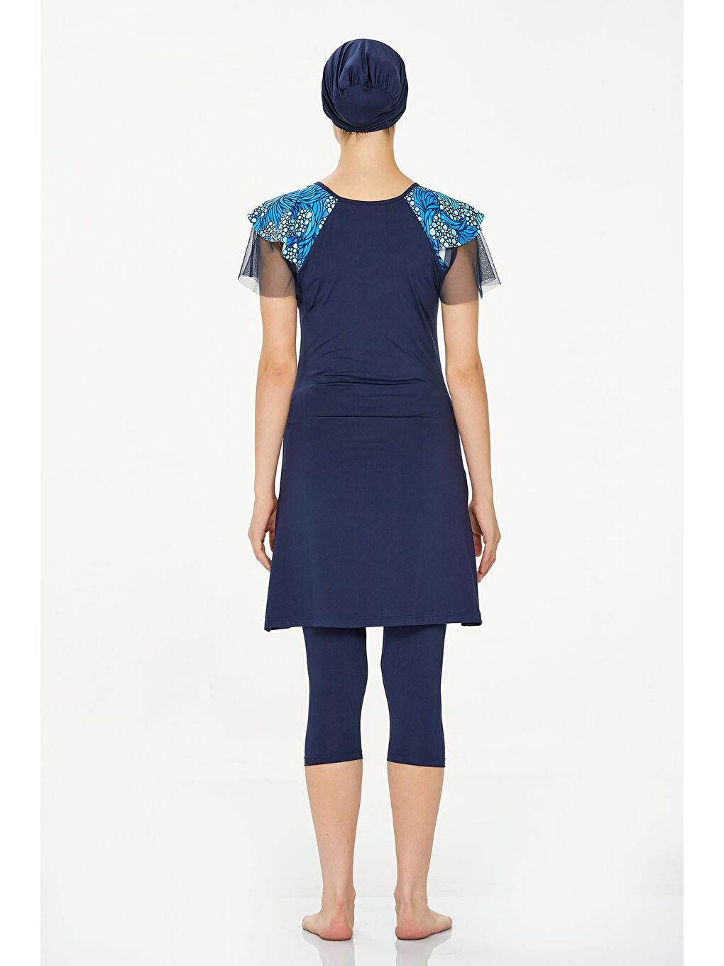 Kısa Kollu Yarı Kaplı Mayo Tül Detay Bely 8301 Koyu Lacivert-4