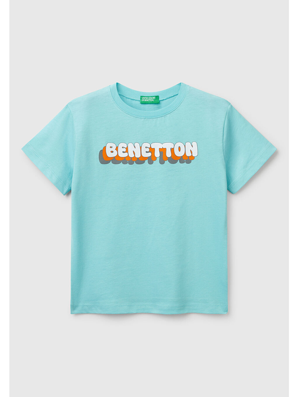 Turkuaz Erkek Çocuk Su Yeşili Benetton Logo Baskılı Tişört