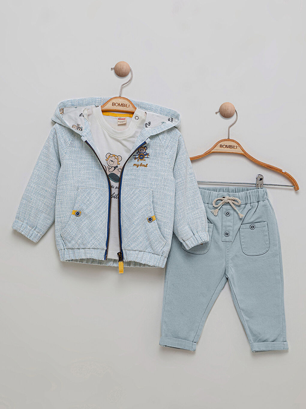 Erkek Bebek Kapüşonlu 3'lü Takım 6-18 Ay Mavi