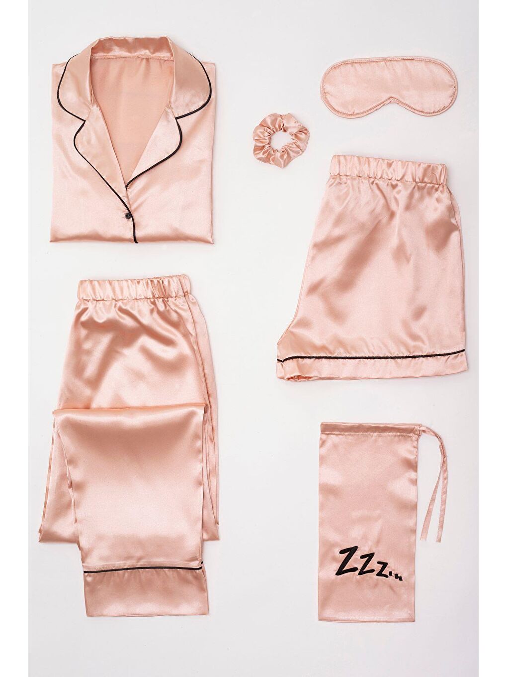 Pembe 6'lı Siyah Biyeli Rose Gold Saten Pijama Takımı