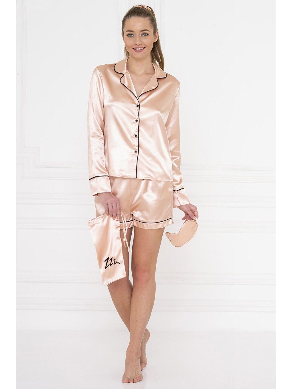 Pembe 6'lı Siyah Biyeli Rose Gold Saten Pijama Takımı-1