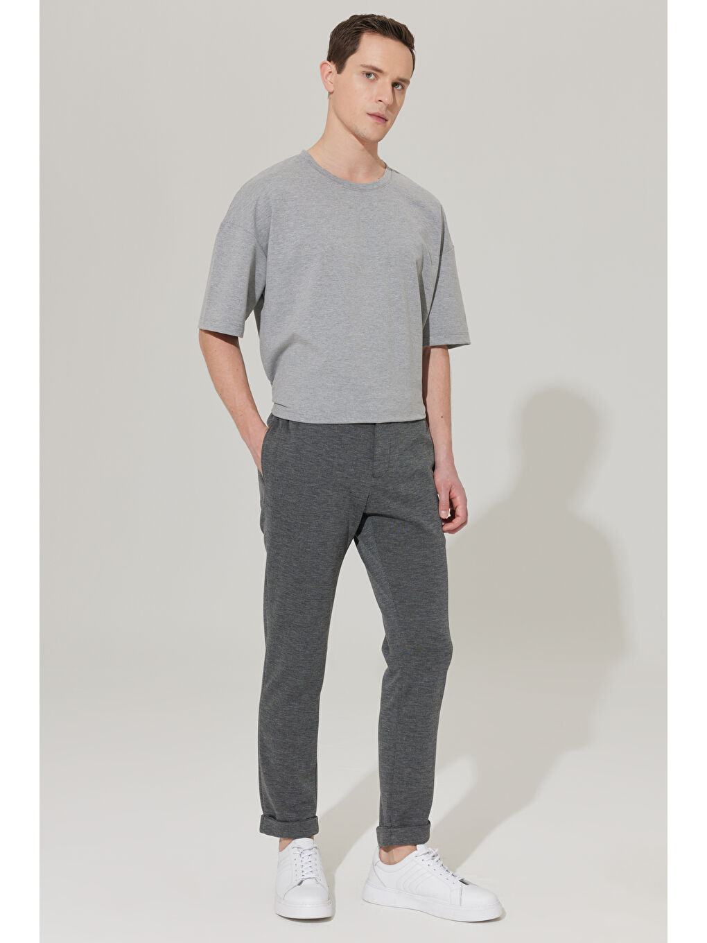 Erkek Antrasit Slim Fit Dar Kesim Kuşgözü Desenli Beli Bağlamalı Pantolon-3