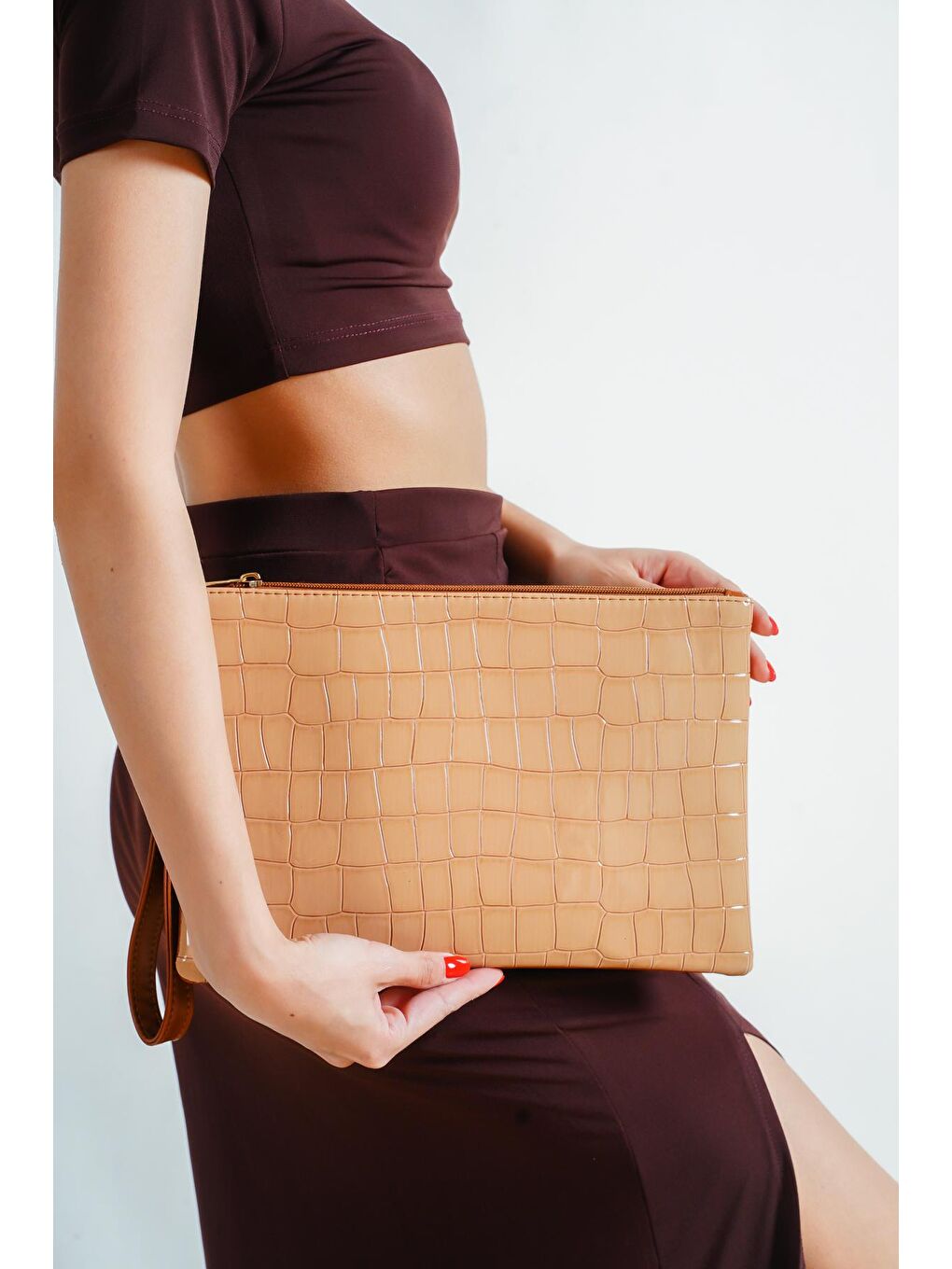 Capone Outfitters Nude Büyük Kroko Desenli Paris Kadın Clutch Çanta - 4