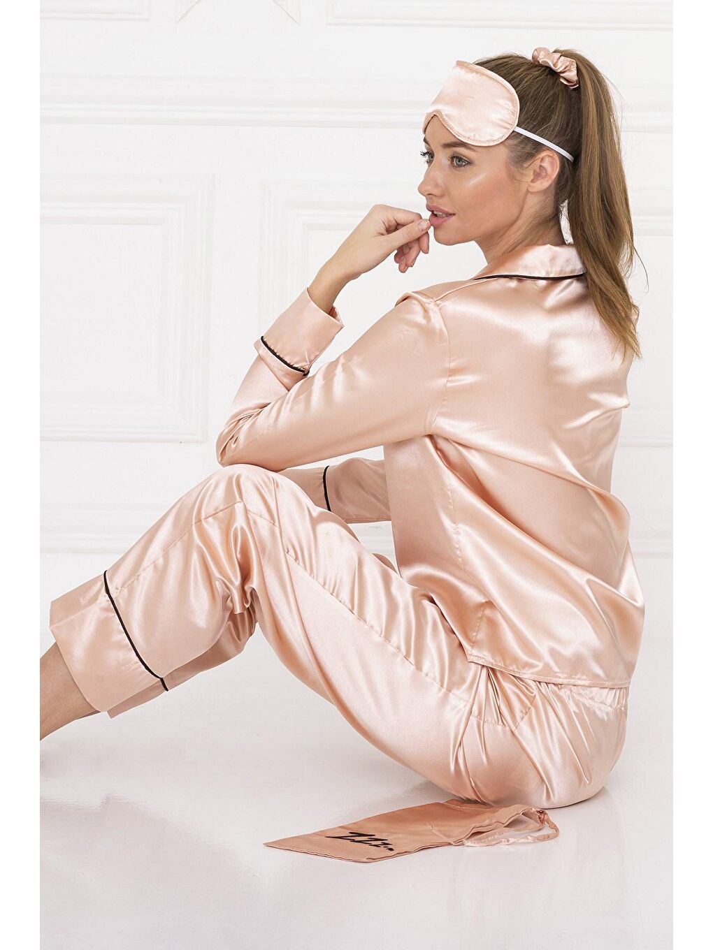 Pembe 6'lı Siyah Biyeli Rose Gold Saten Pijama Takımı-2