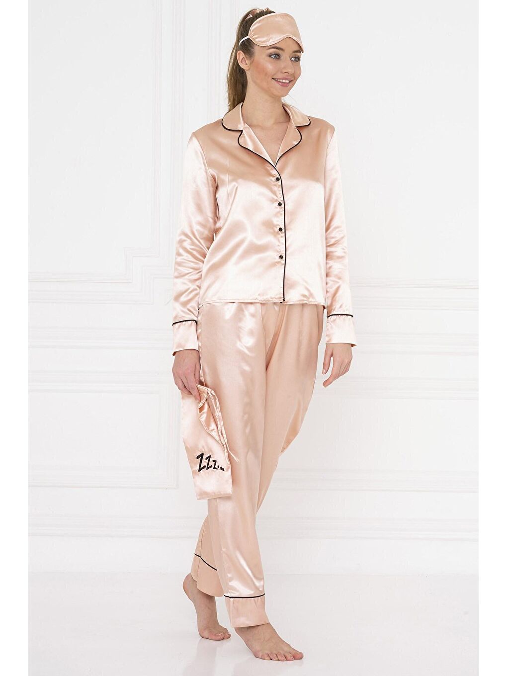 Pembe 6'lı Siyah Biyeli Rose Gold Saten Pijama Takımı-3